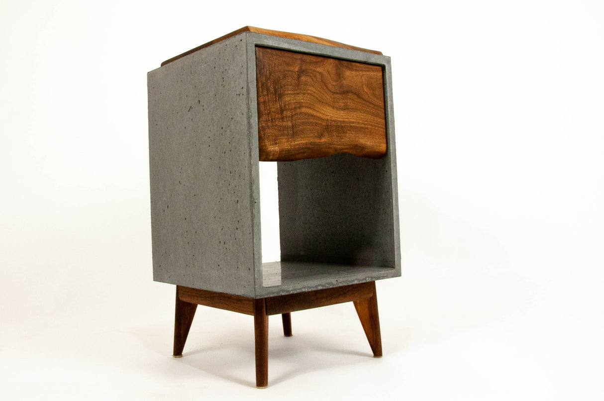 Classic Edge Black - Concrete Dark Grey Box & Live Edge Wood Top / Side Drawer Nightstand