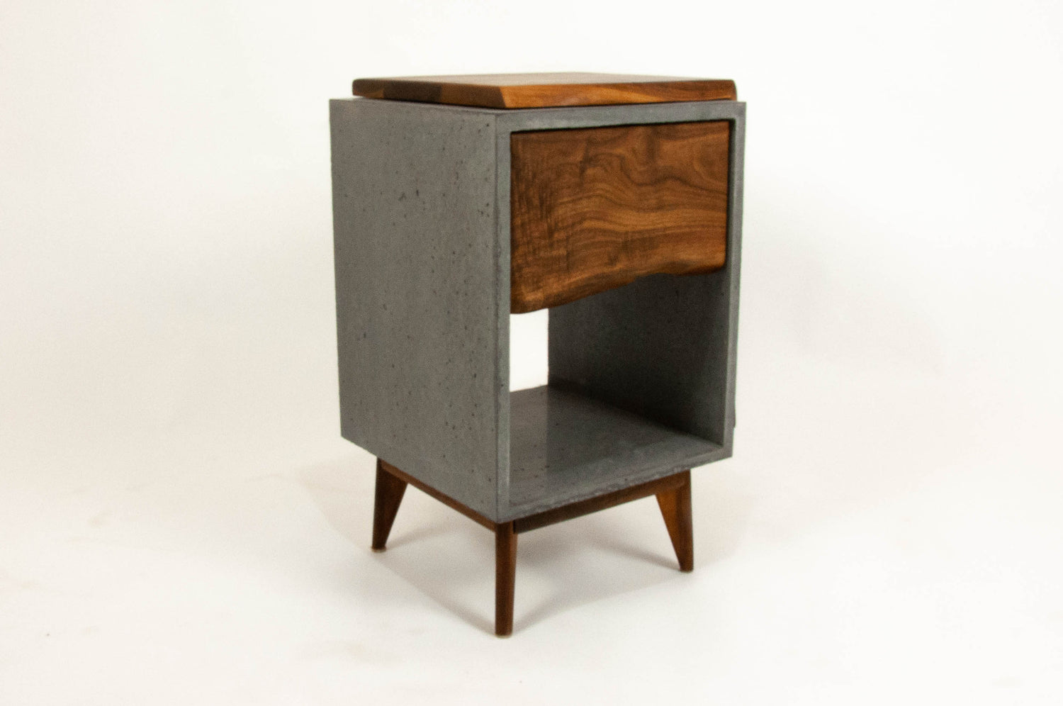 Classic Edge Black - Concrete Dark Grey Box & Live Edge Wood Top / Side Drawer Nightstand