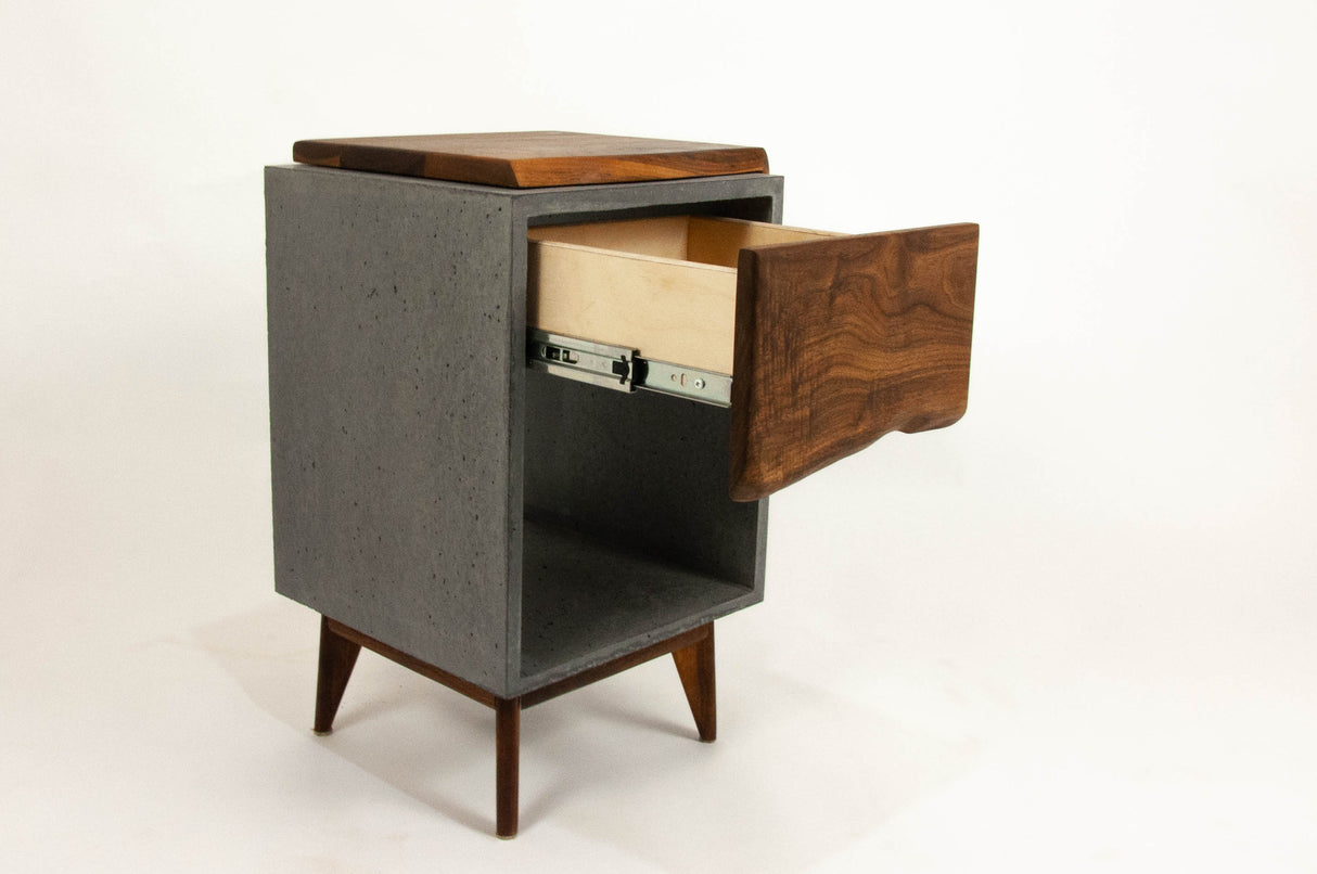 Classic Edge Black - Concrete Dark Grey Box & Live Edge Wood Top / Side Drawer Nightstand