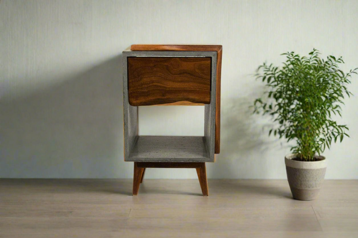 Classic Edge Black - Concrete Dark Grey Box & Live Edge Wood Top / Side Drawer Nightstand