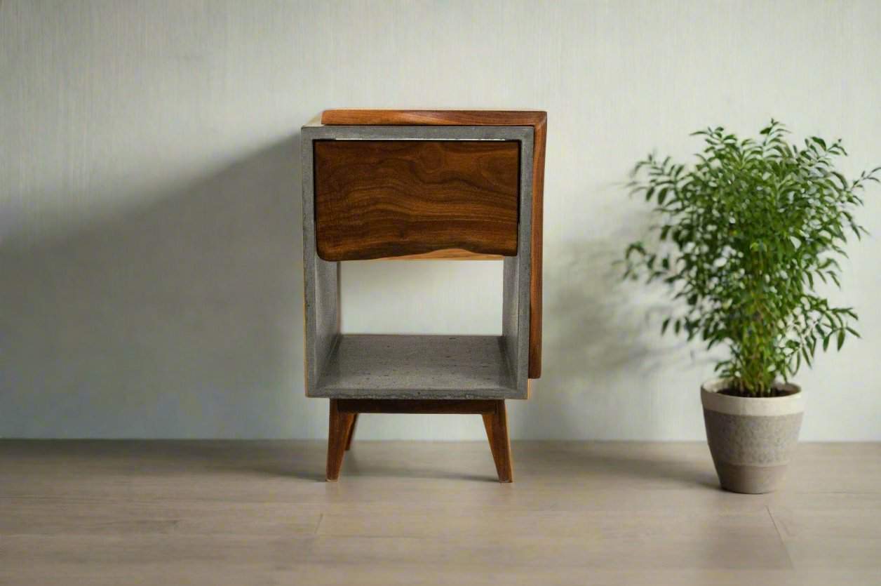 Classic Edge Black - Concrete Dark Grey Box & Live Edge Wood Top / Side Drawer Nightstand