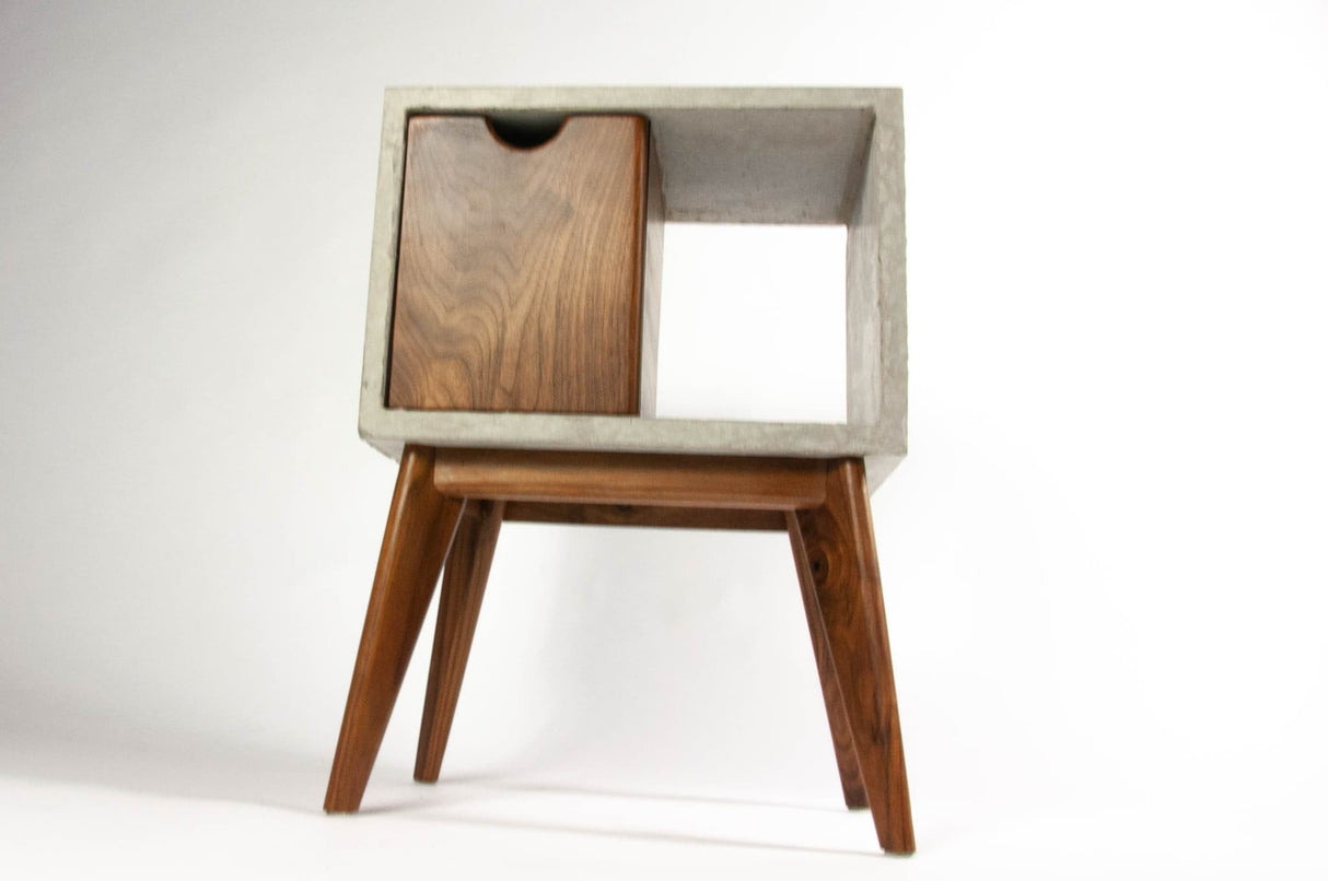 Concrete & walnut mid-century nightstand and side table