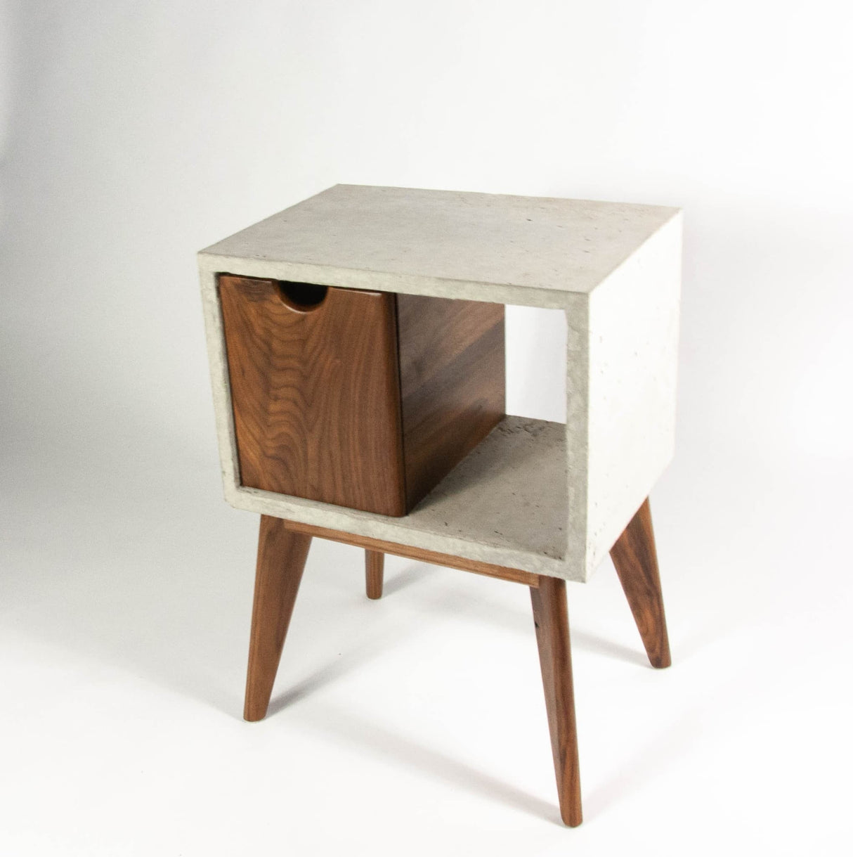 Concrete & walnut mid-century nightstand and side table