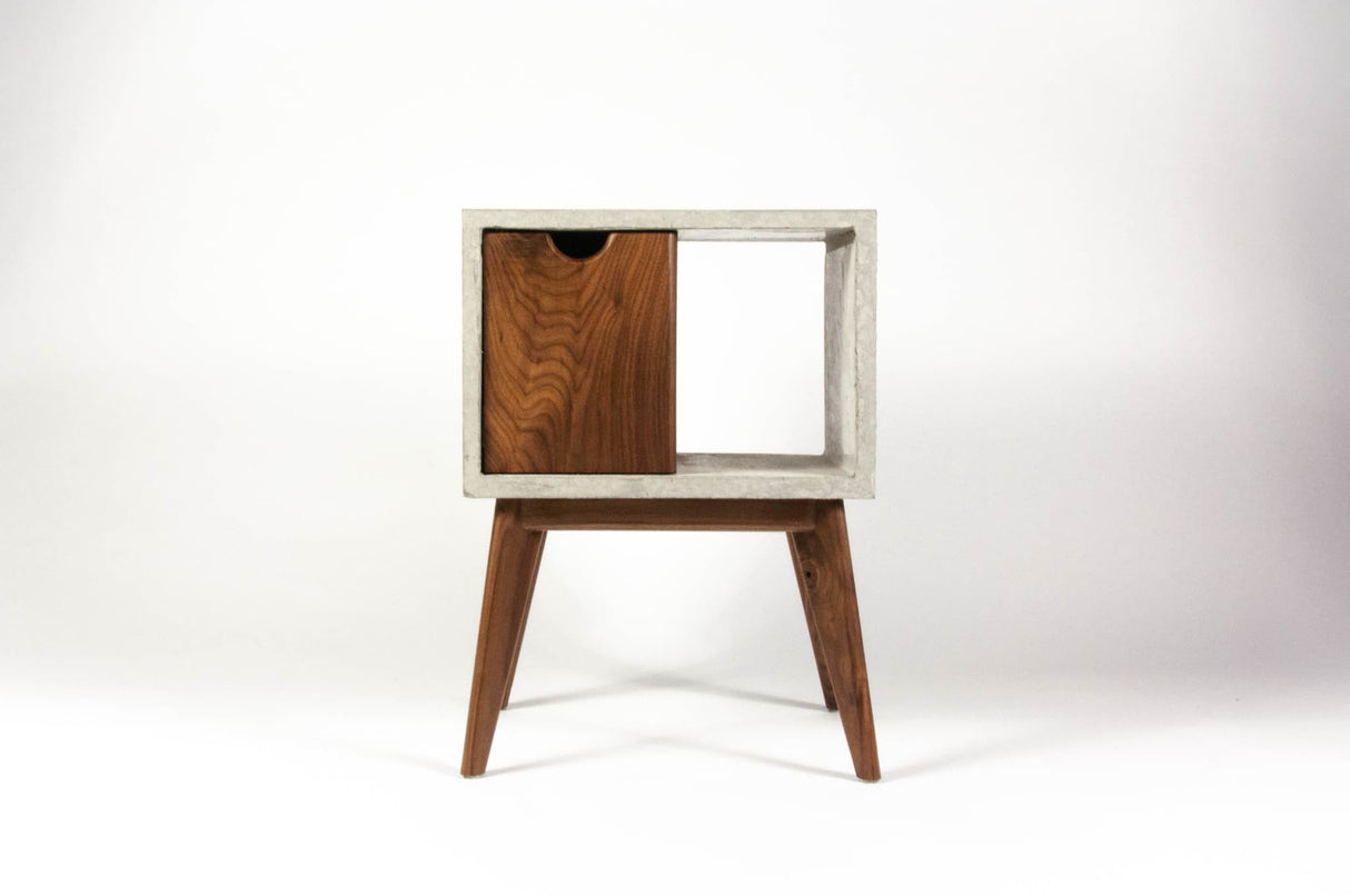 Concrete & walnut mid-century nightstand and side table
