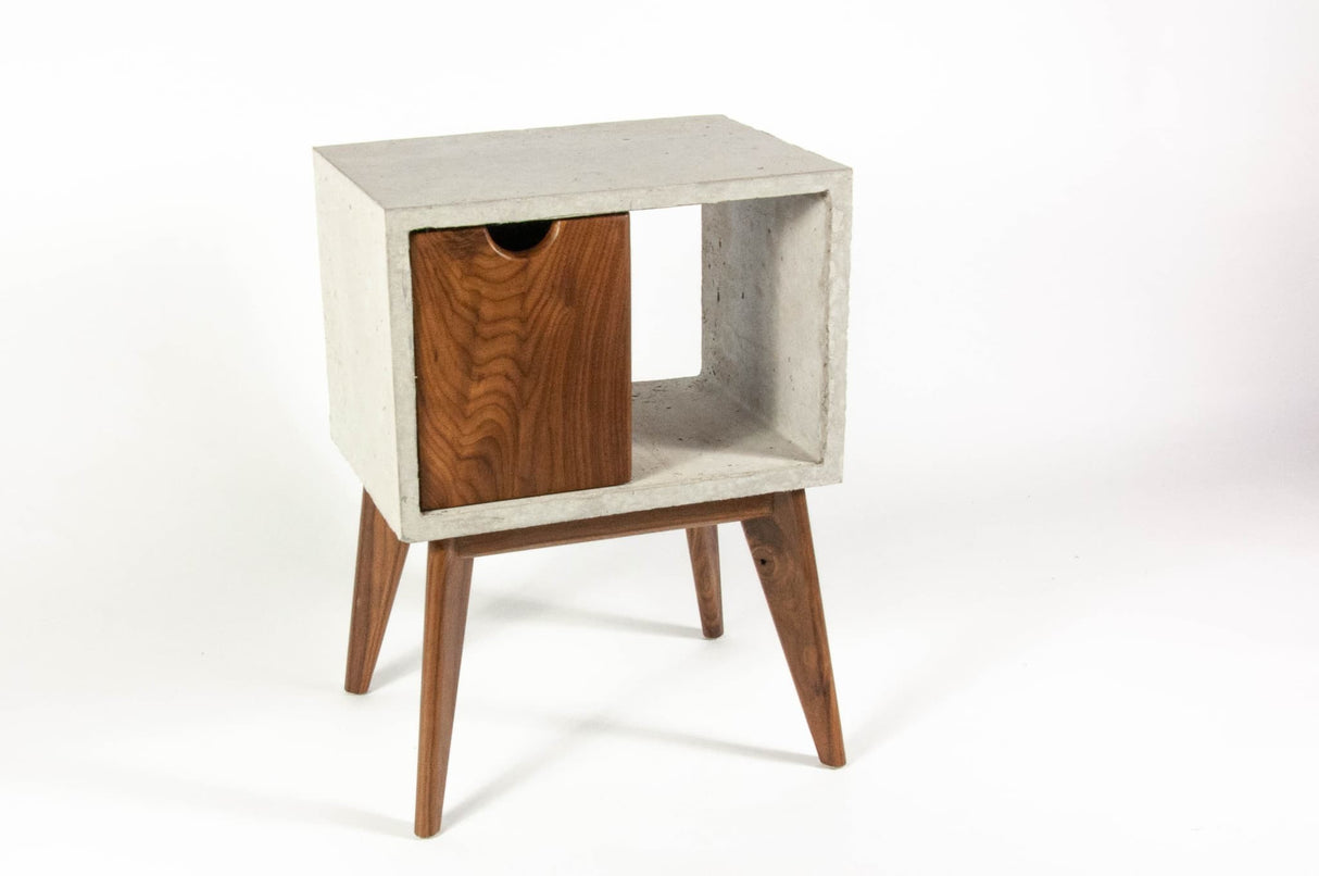 Concrete & walnut mid-century nightstand and side table