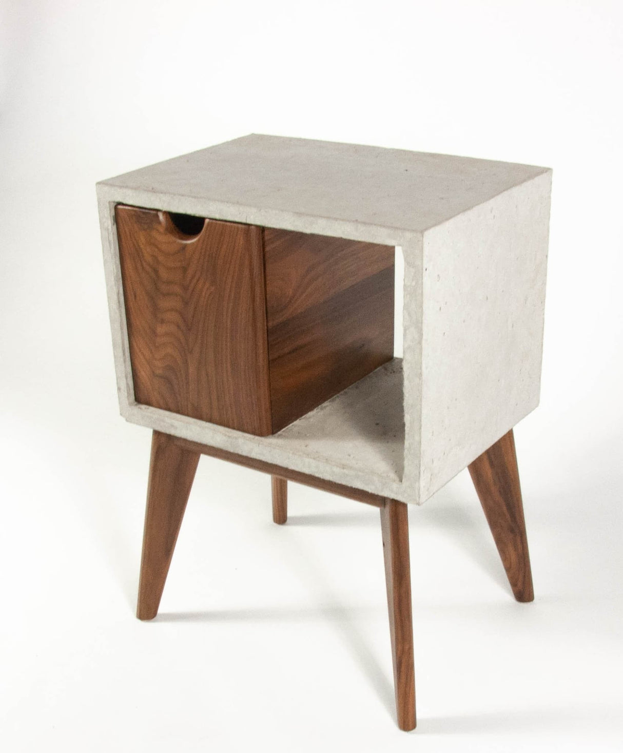 Concrete & walnut mid-century nightstand and side table