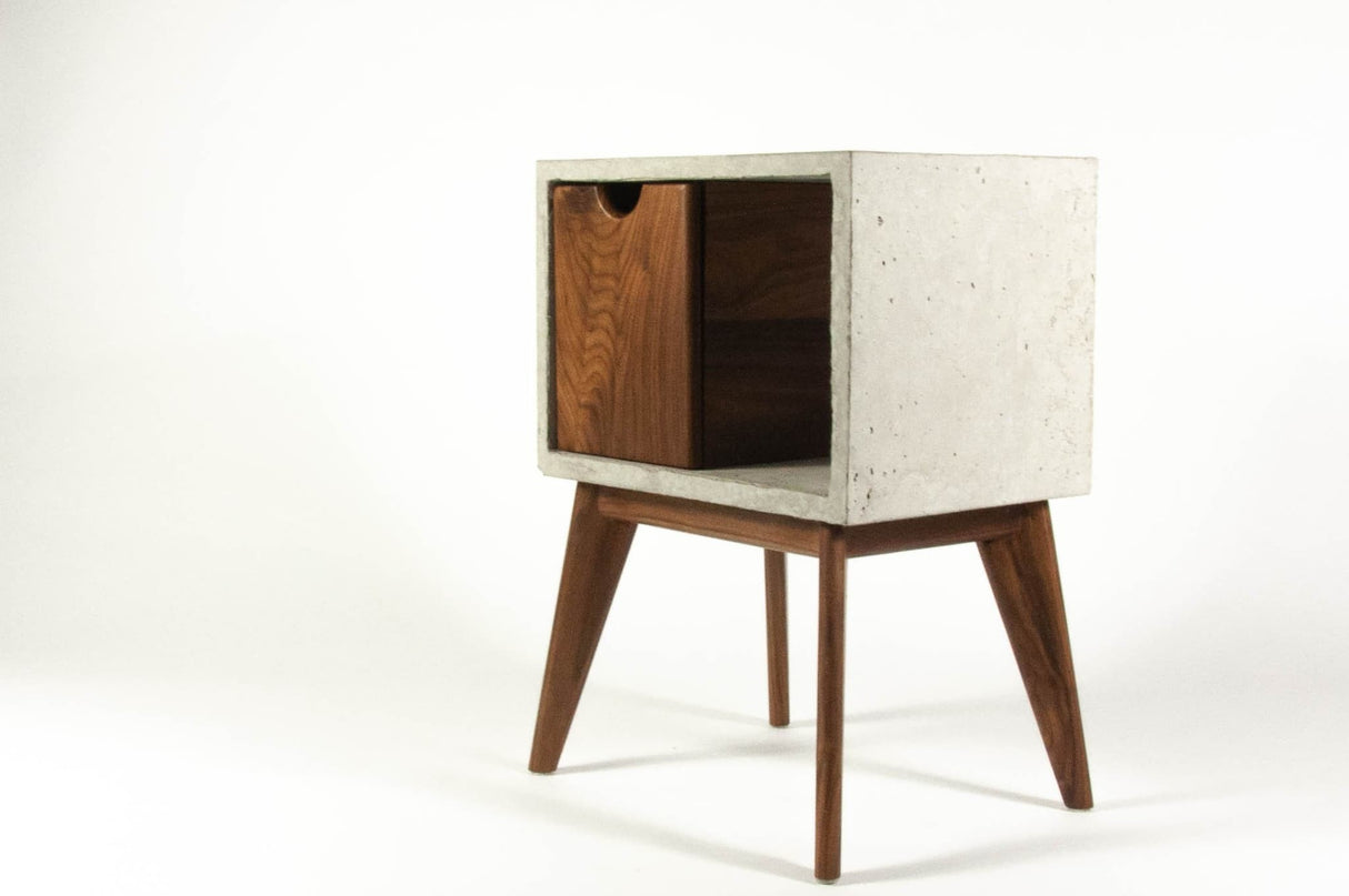 Concrete & walnut mid-century nightstand and side table