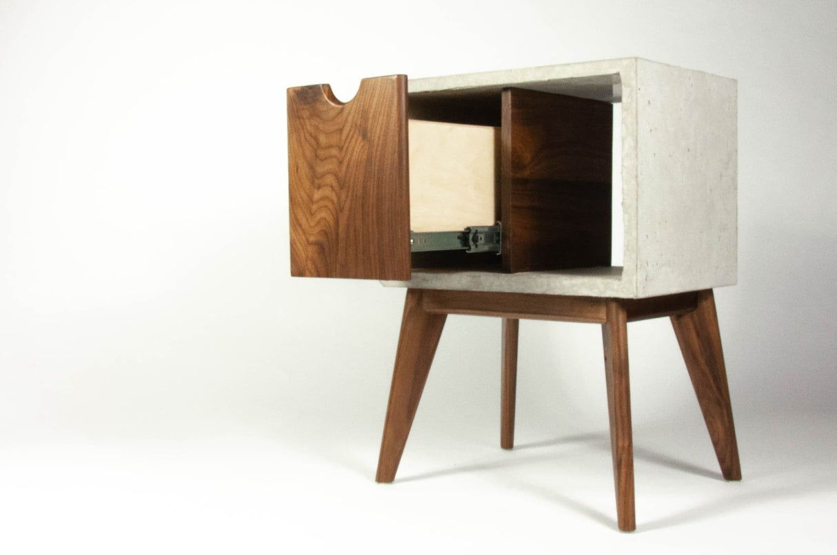 Concrete & walnut mid-century nightstand and side table
