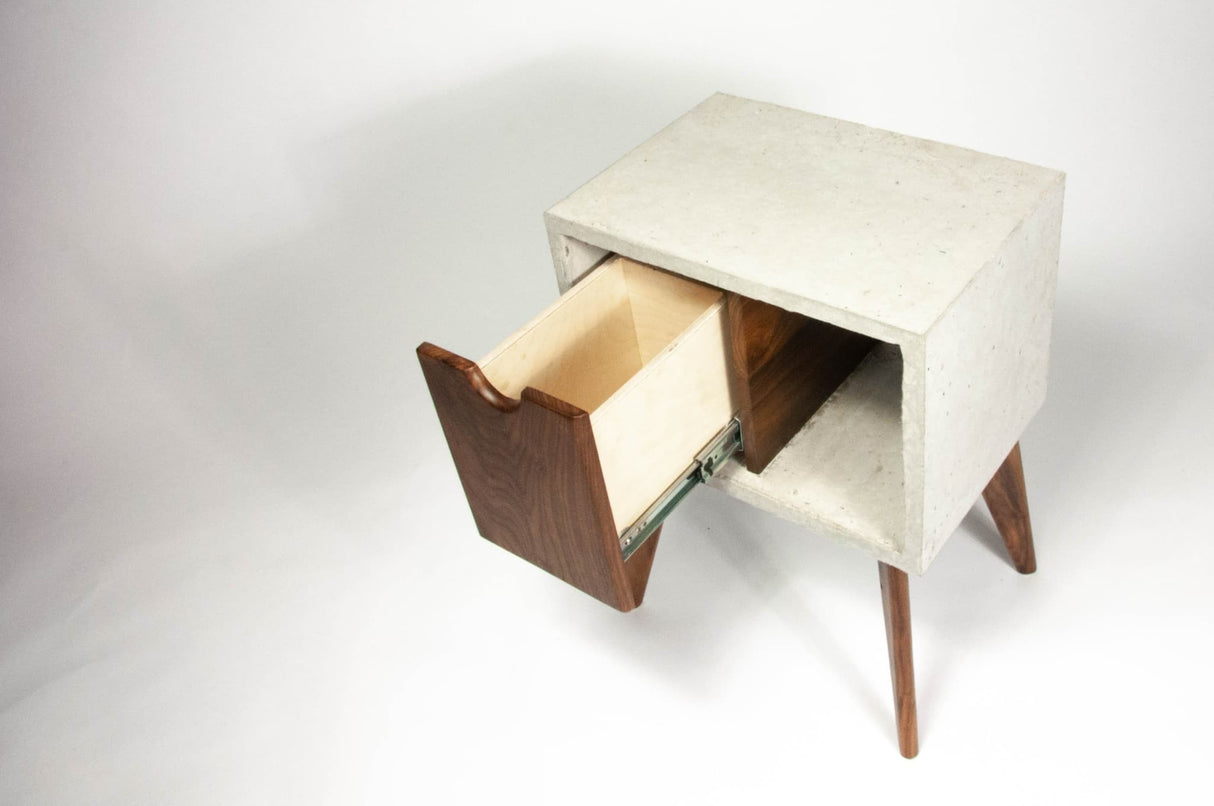 Concrete & walnut mid-century nightstand and side table
