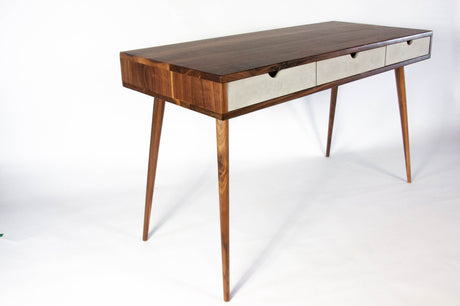 Black walnut office desk with three concrete drawers