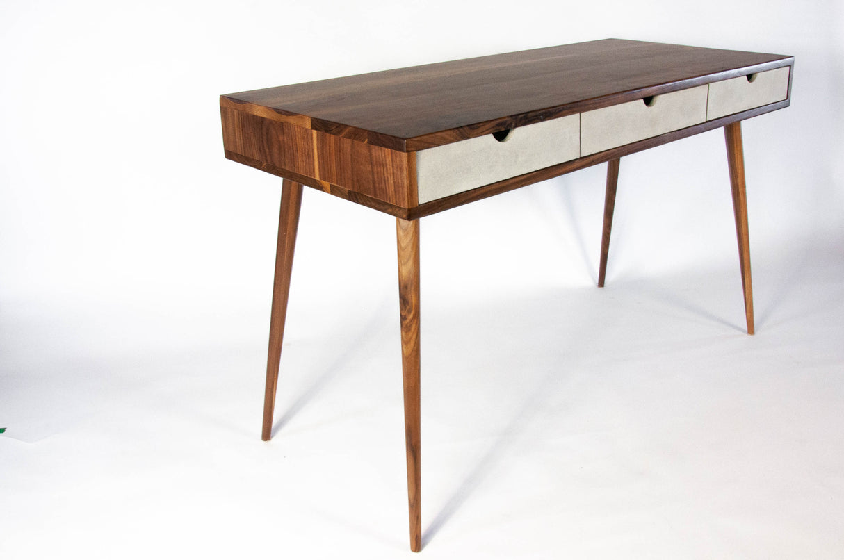 Black walnut office desk with three concrete drawers
