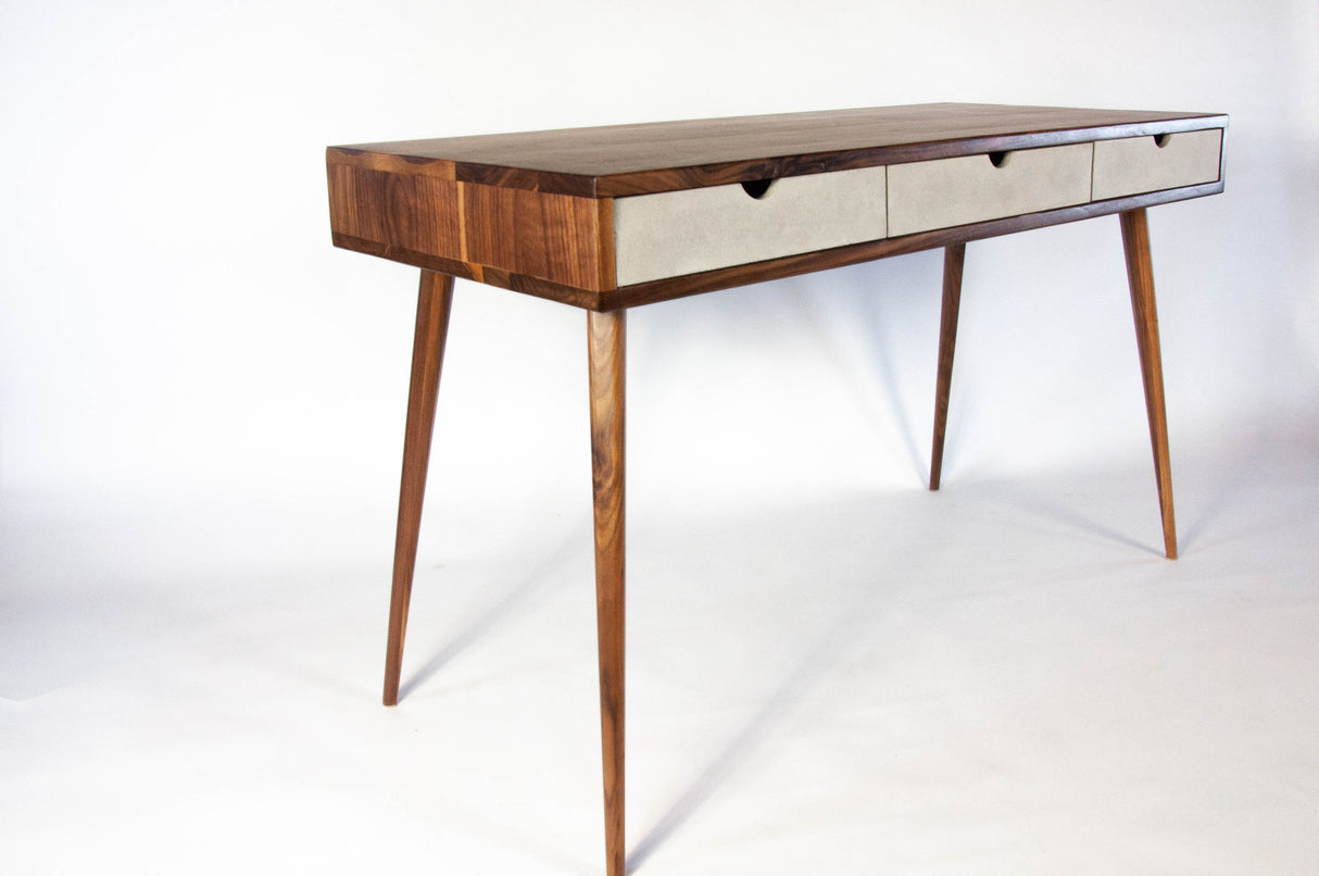 Black walnut office desk with three concrete drawers