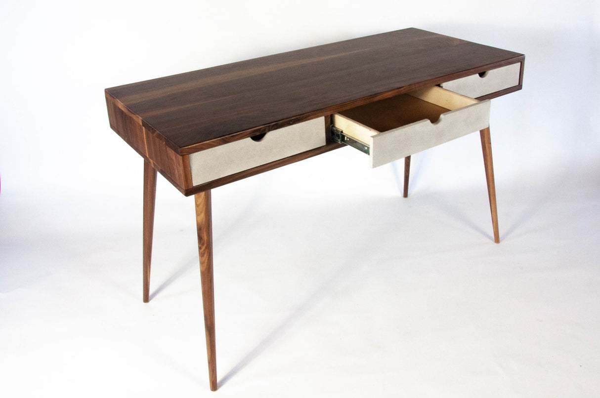Black walnut office desk with three concrete drawers