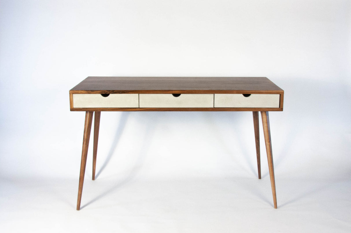Black walnut office desk with three concrete drawers