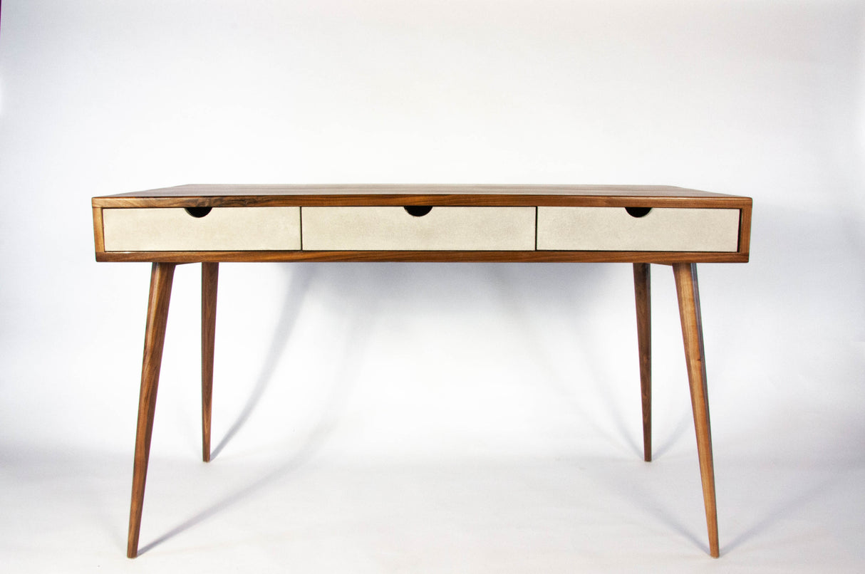 Black walnut office desk with three concrete drawers