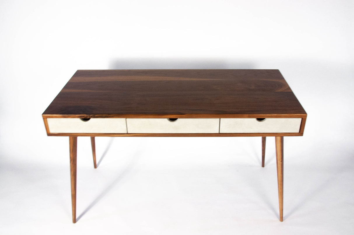 Black walnut office desk with three concrete drawers