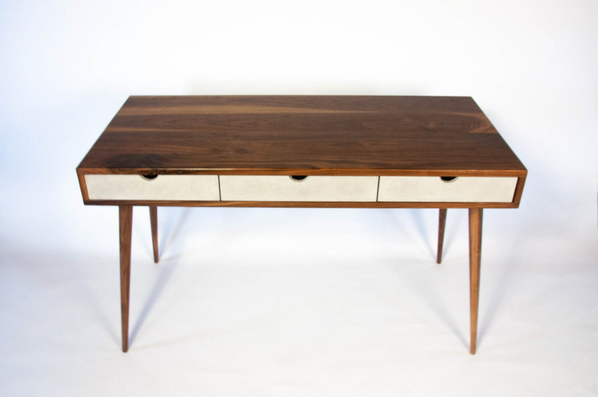 Black walnut office desk with three concrete drawers