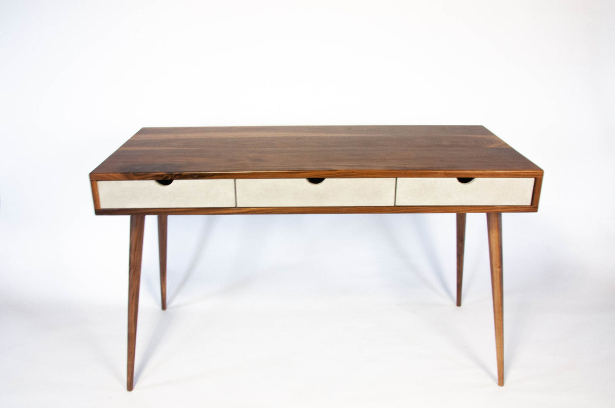 Black walnut office desk with three concrete drawers