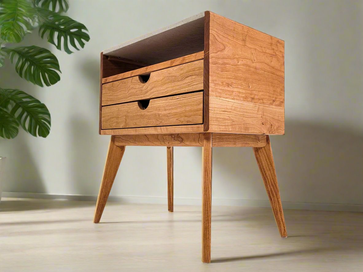 Aby - 2 Drawers Black Walnut & Concrete Top Mid-Century Nightstand