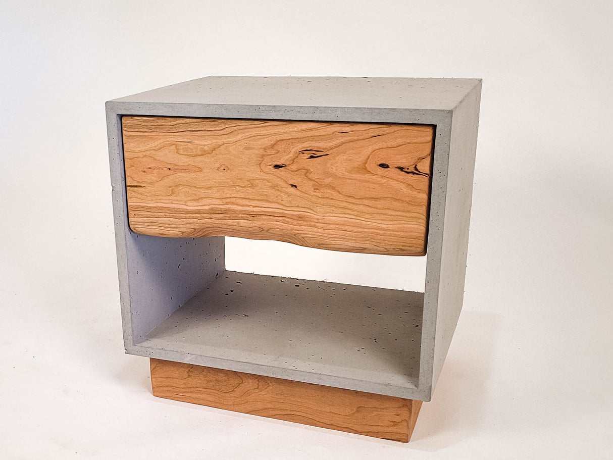 The Base - Concrete Cube & Solid Walnut Wood Base and Drawer Nightstand