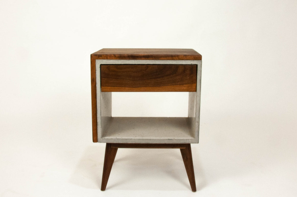 Yin Yang - Concrete and Straight Edge Solid Wood Bed Side Table Nightstand with Drawer