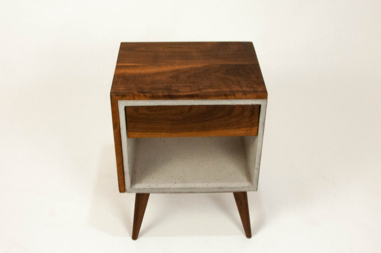 Yin Yang - Concrete and Straight Edge Solid Wood Bed Side Table Nightstand with Drawer