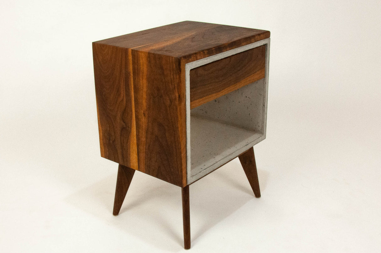 Yin Yang - Concrete and Straight Edge Solid Wood Bed Side Table Nightstand with Drawer