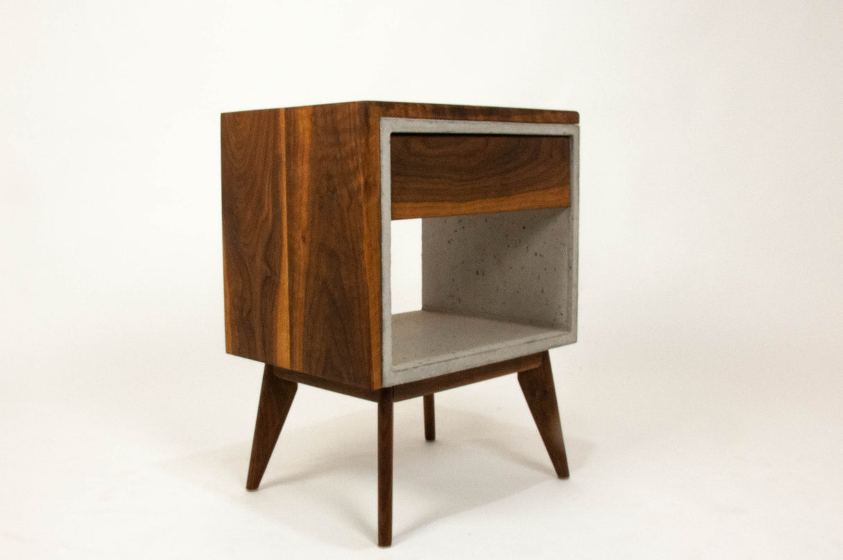 Yin Yang - Concrete and Straight Edge Solid Wood Bed Side Table Nightstand with Drawer