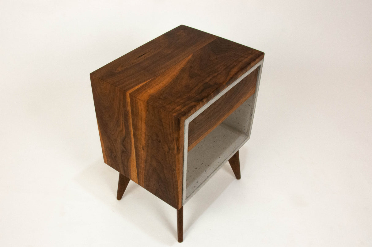 Yin Yang - Concrete and Straight Edge Solid Wood Bed Side Table Nightstand with Drawer