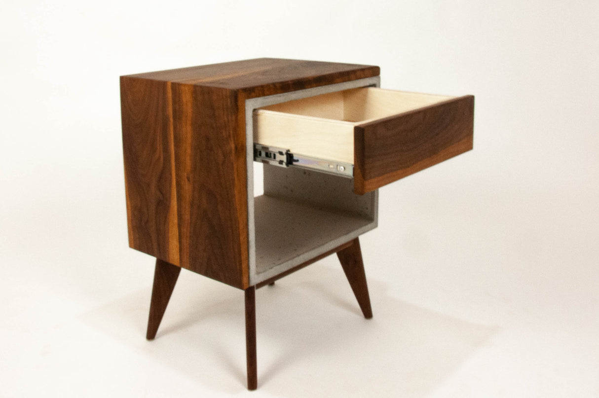 Yin Yang - Concrete and Straight Edge Solid Wood Bed Side Table Nightstand with Drawer