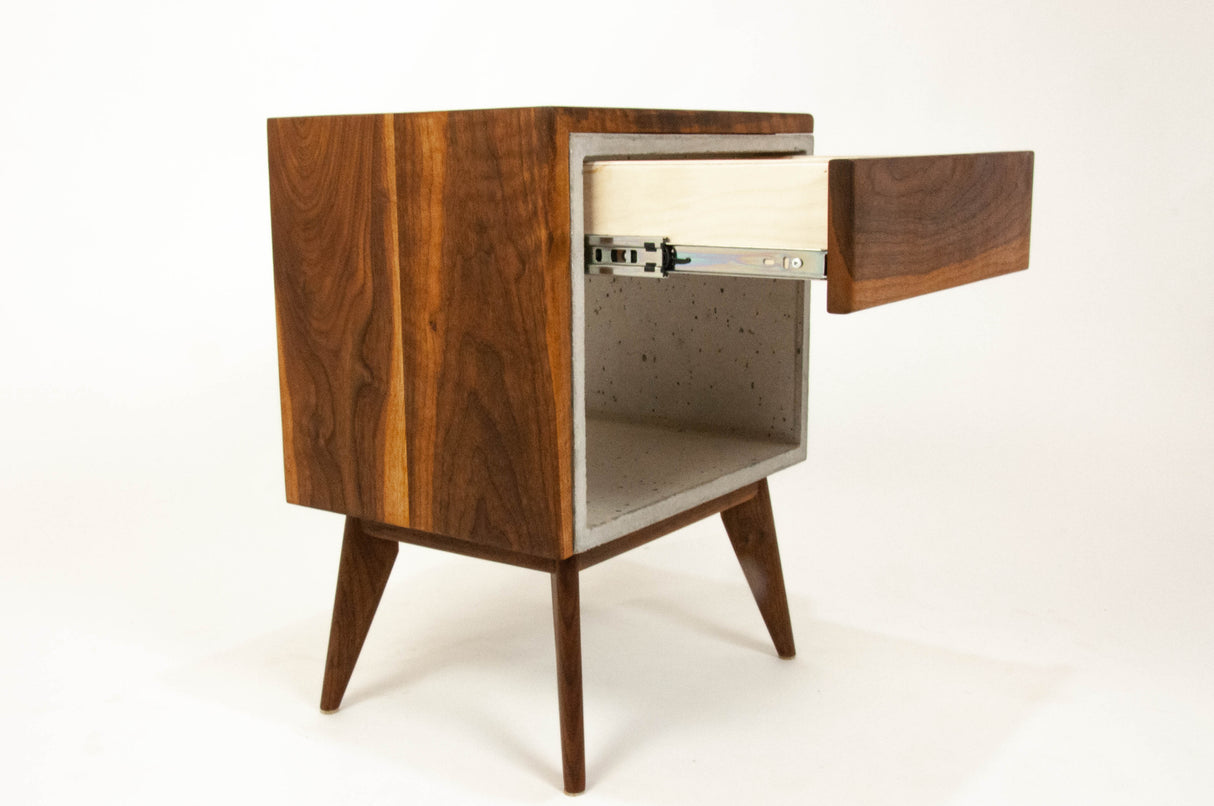 Yin Yang - Concrete and Straight Edge Solid Wood Bed Side Table Nightstand with Drawer