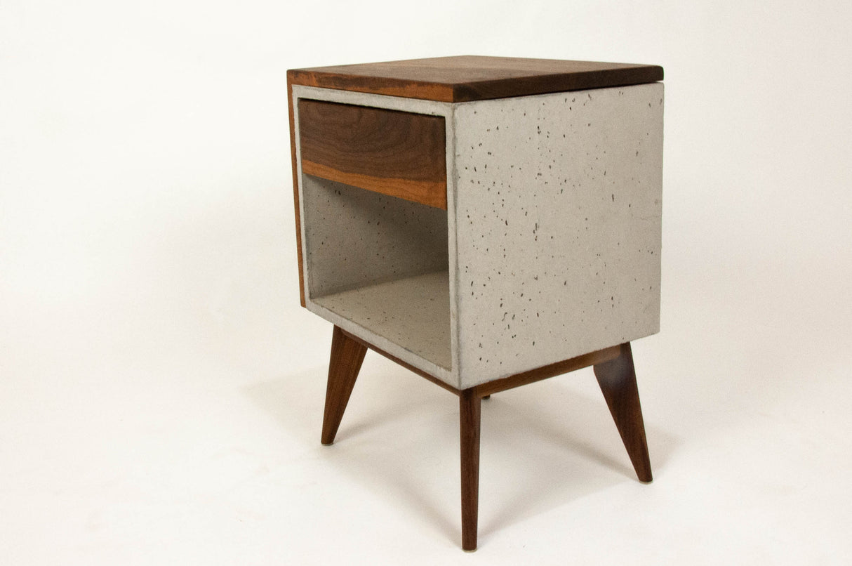 Yin Yang - Concrete and Straight Edge Solid Wood Bed Side Table Nightstand with Drawer