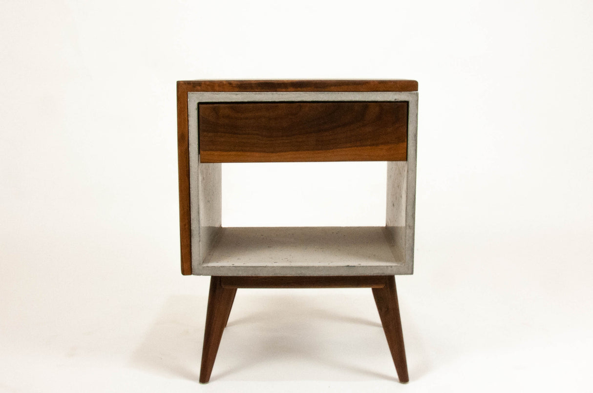 Yin Yang - Concrete and Straight Edge Solid Wood Bed Side Table Nightstand with Drawer