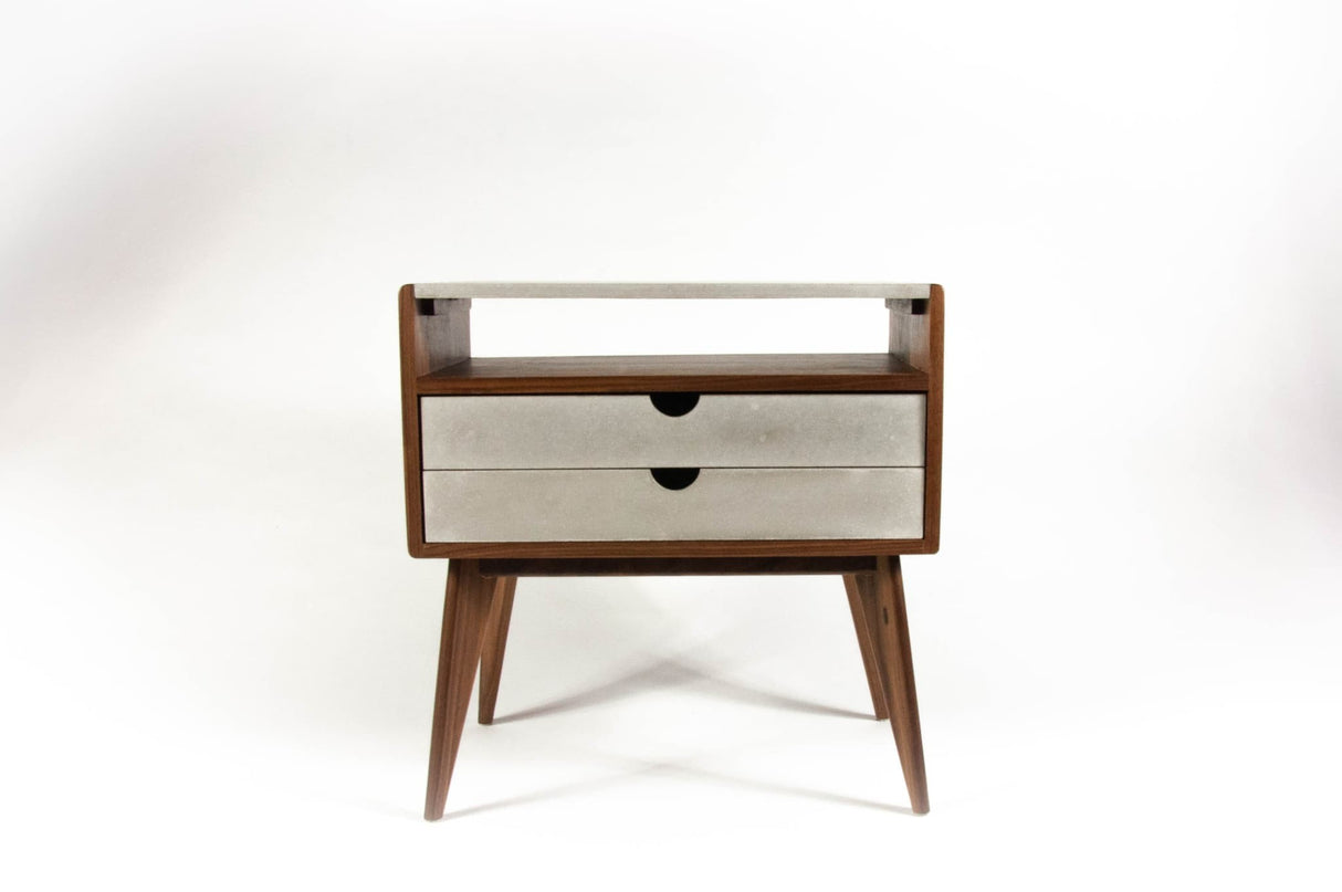 Walnut & concrete top and drawers mid-century nightstand