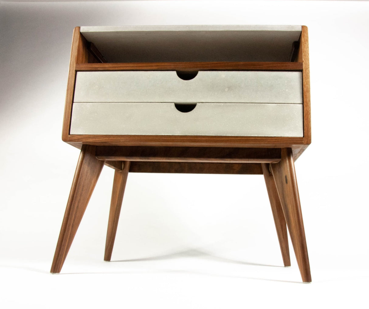 Walnut & concrete top and drawers mid-century nightstand