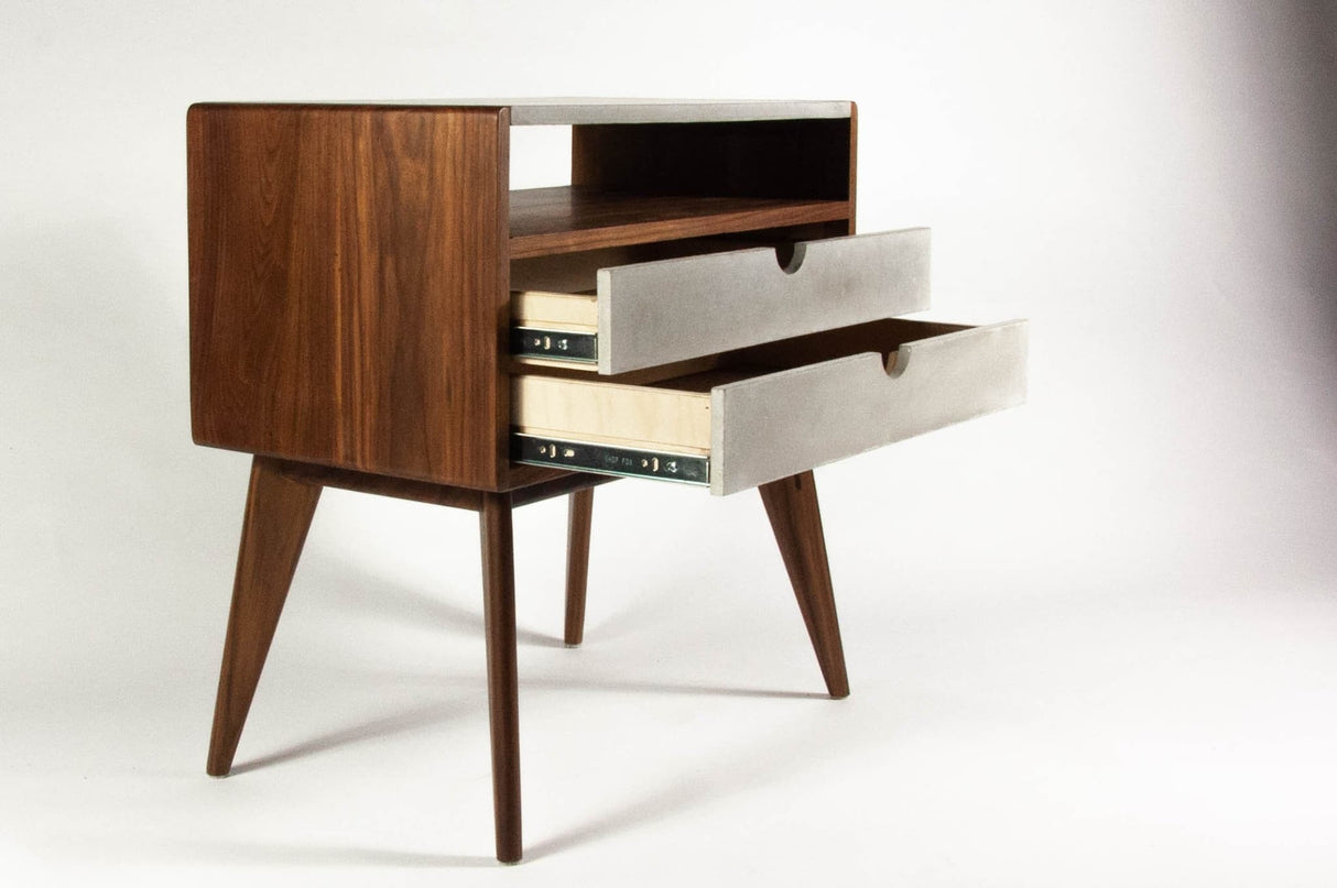 Walnut & concrete top and drawers mid-century nightstand