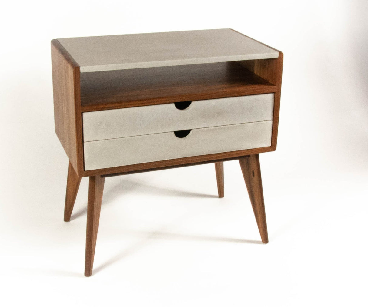 Walnut & concrete top and drawers mid-century nightstand