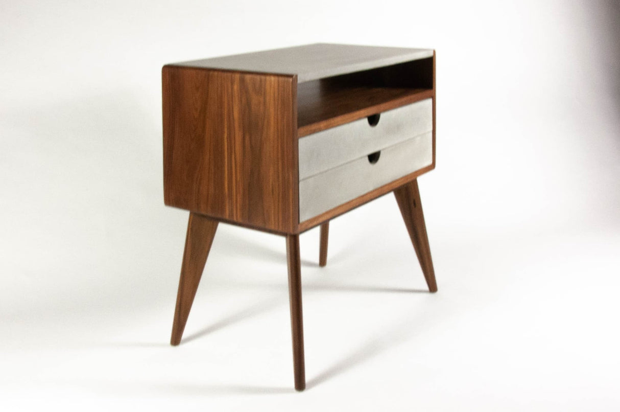 Walnut & concrete top and drawers mid-century nightstand