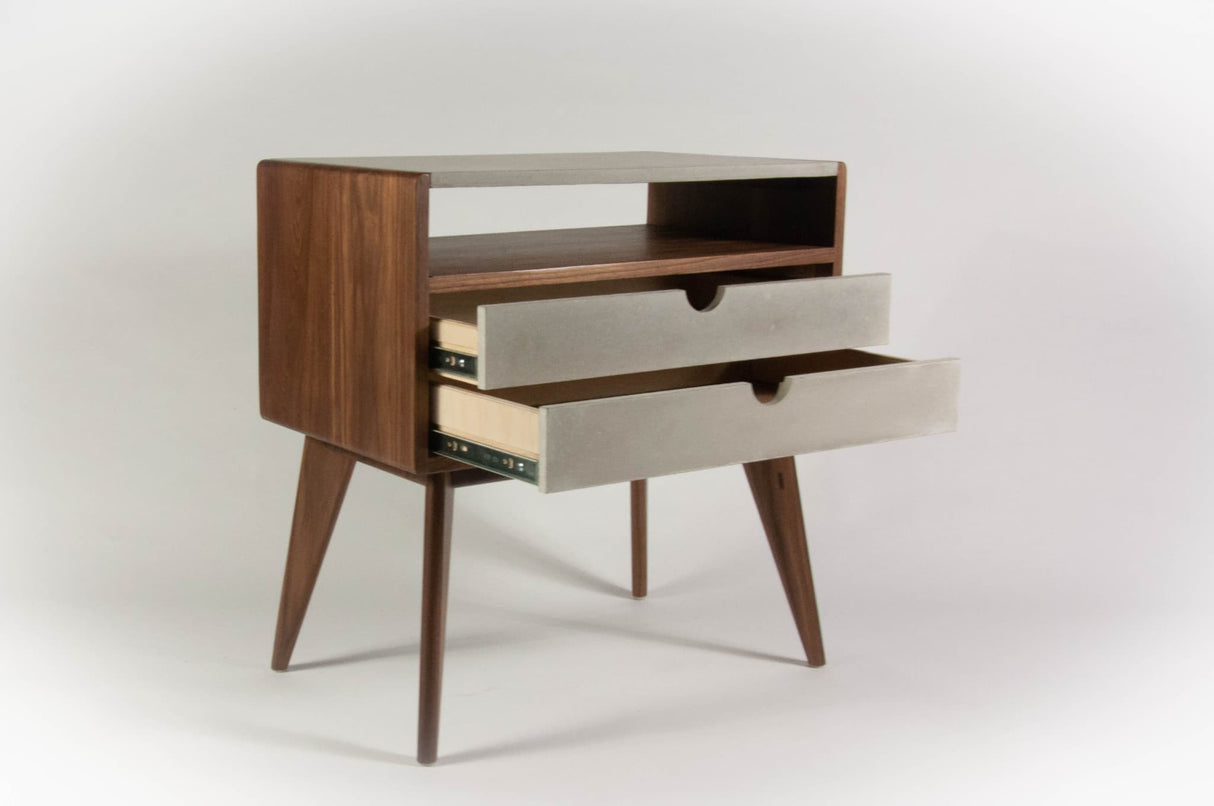 Walnut & concrete top and drawers mid-century nightstand
