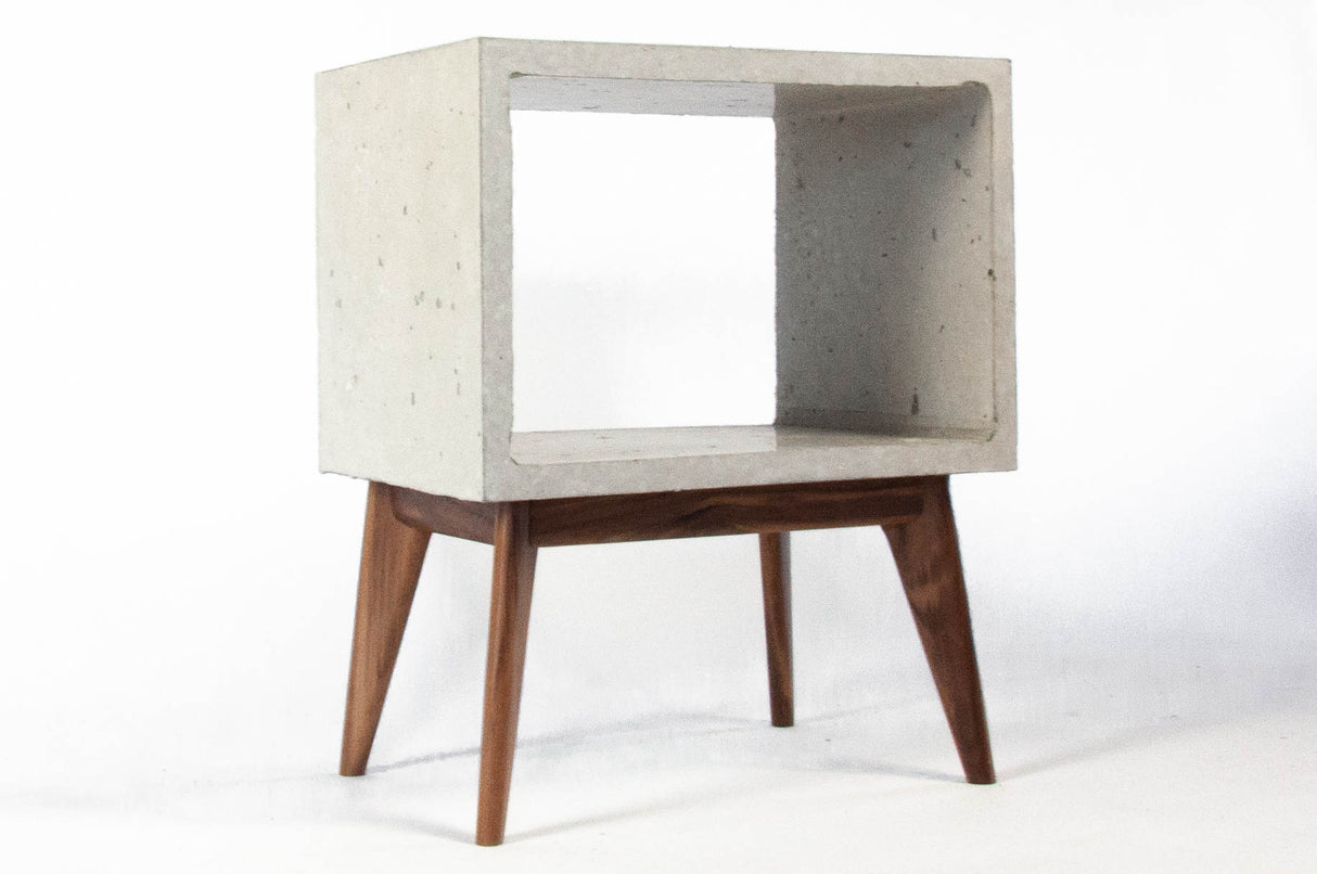 Concrete Cube & Tall Wood Mid-century Legs Side Table