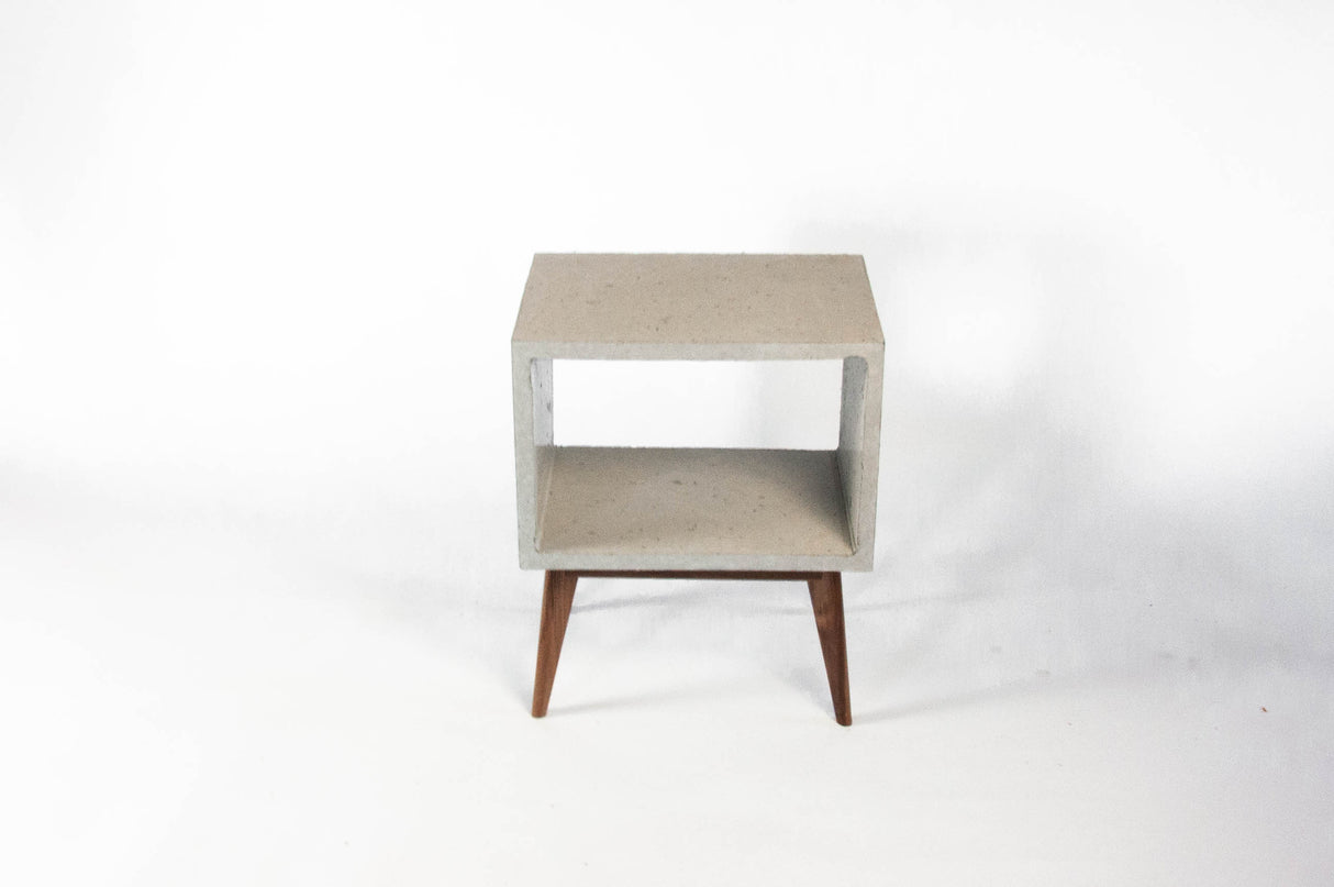 Concrete Cube & Tall Wood Mid-century Legs Side Table