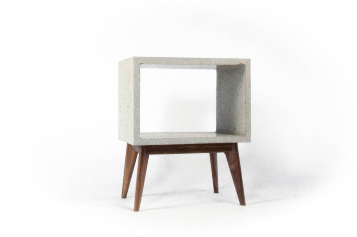 Concrete Cube & Tall Wood Mid-century Legs Side Table