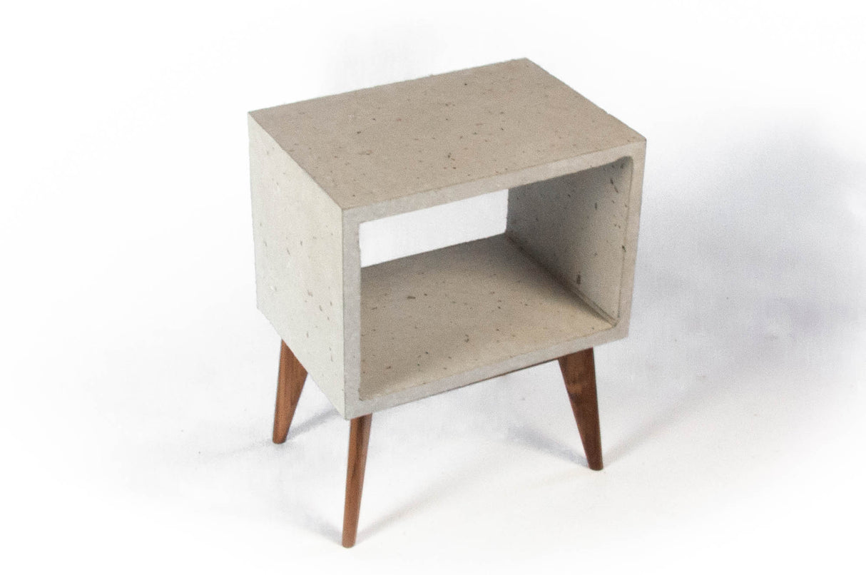Concrete Cube & Tall Wood Mid-century Legs Side Table