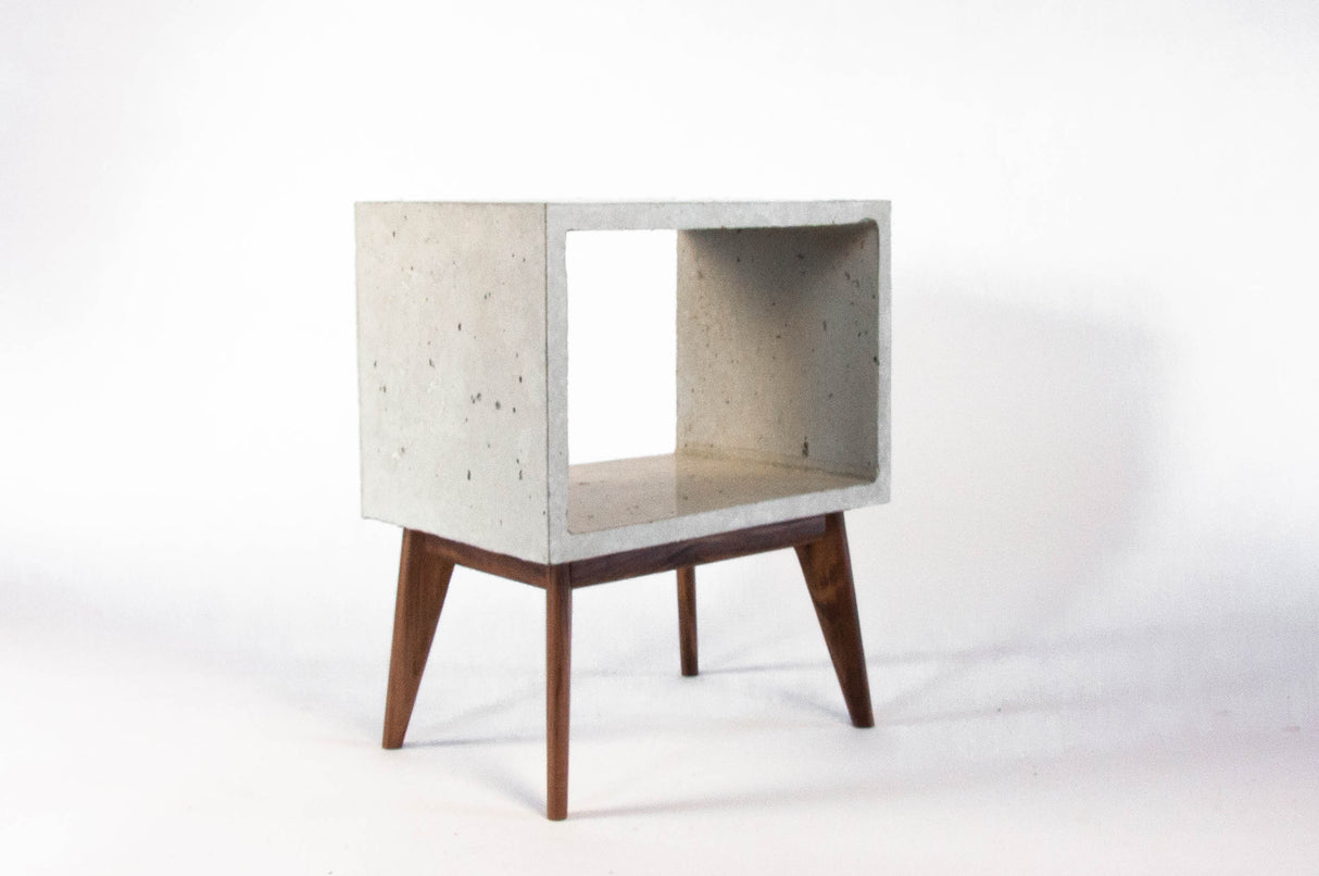 Concrete Cube & Tall Wood Mid-century Legs Side Table