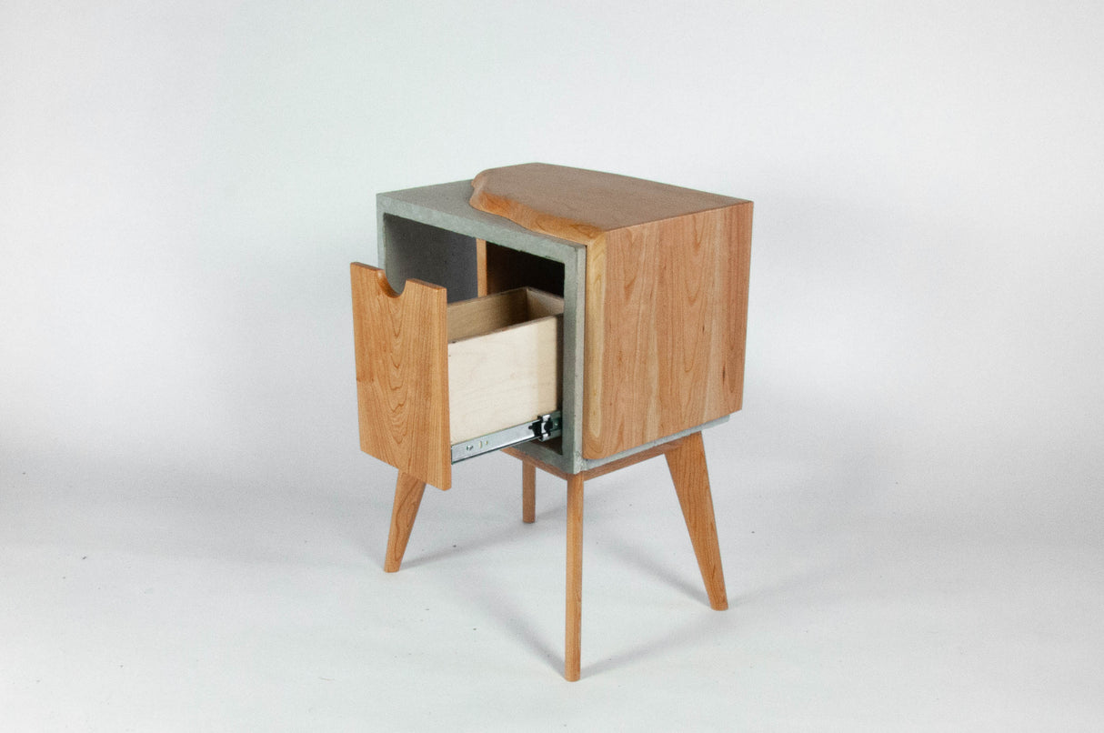 Half n' Half - Concrete & Live Edge Cherry Wood with Drawer Mid-Century Bed Side Table