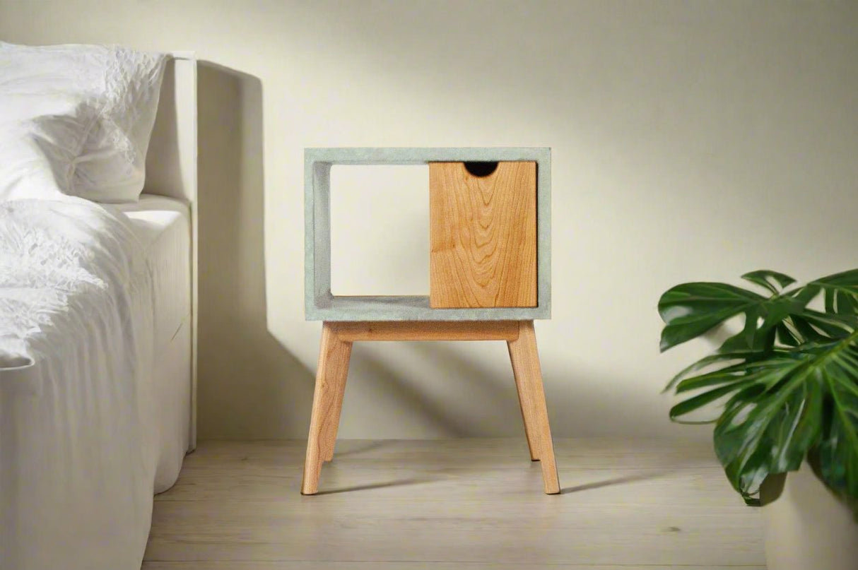 Half'n Half - Concrete & Cherry Wood Drawer Mid-Century Nightstand