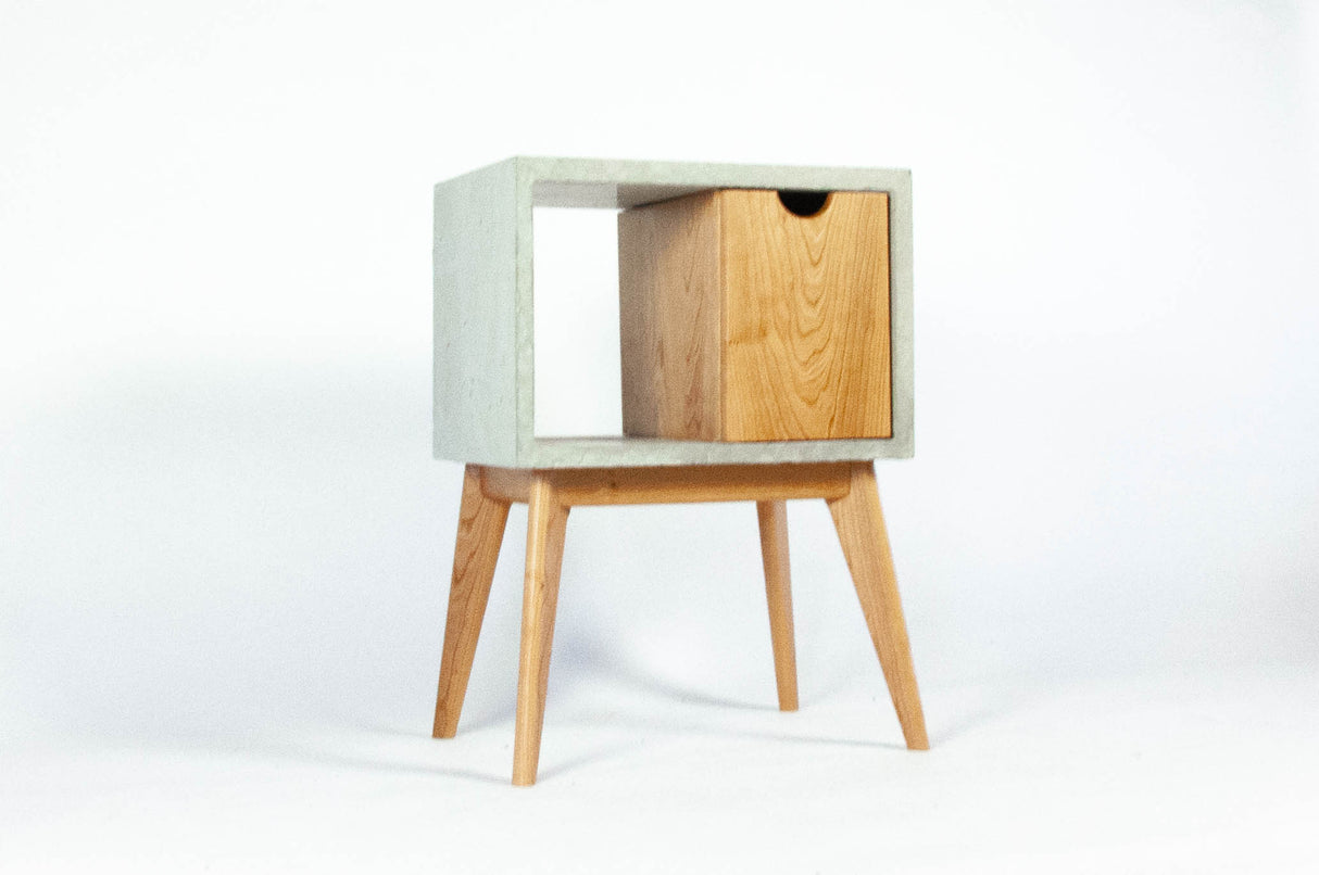 Half'n Half - Concrete & Cherry Wood Drawer Mid-Century Nightstand