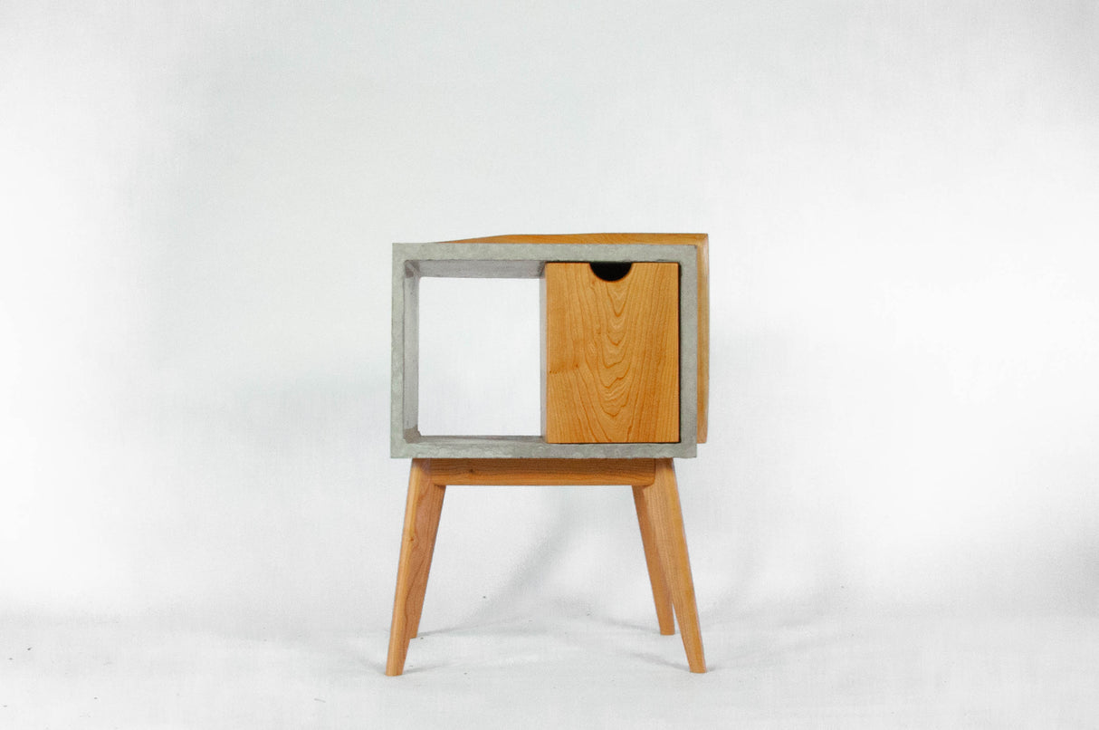 Half n' Half - Concrete & Live Edge Cherry Wood with Drawer Mid-Century Bed Side Table