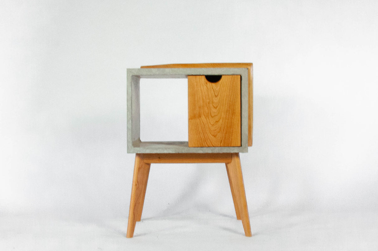 Half n' Half - Concrete & Live Edge Cherry Wood with Drawer Mid-Century Bed Side Table