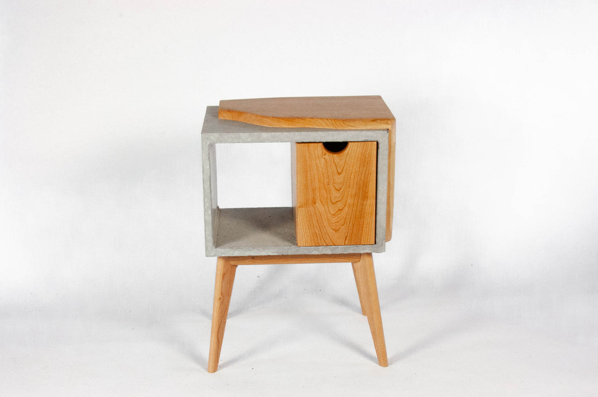 Half n' Half - Concrete & Live Edge Cherry Wood with Drawer Mid-Century Bed Side Table
